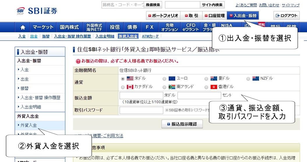 SBI証券外貨入金方法